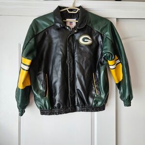 NFL Green Bay Packers Bomber Jacket Mens XL Green Black Faux‎ Leather Varsity